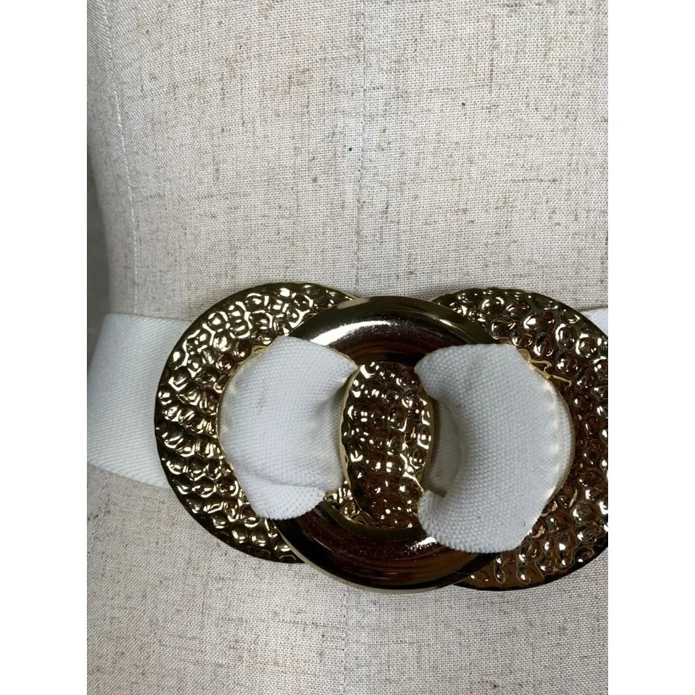 Vintage Statement Belt Womens Gold Accent White Elastic Waist 90s‎ Retro Wide